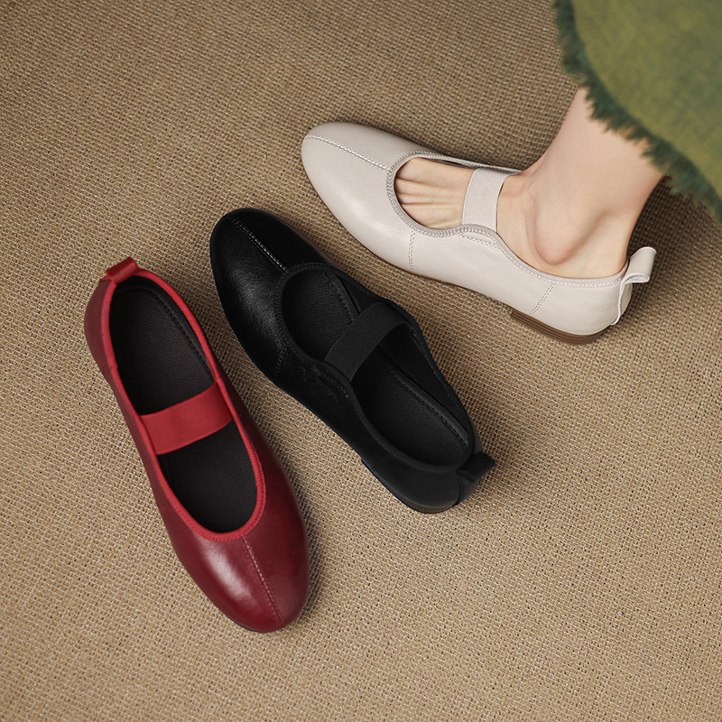 Vintage egyszerű kerek orrú, lapos, sekély szájú női cipők 2025 tavaszi és nyári új, mindenhez illő, elasztikus Mary Jane bőrcipő