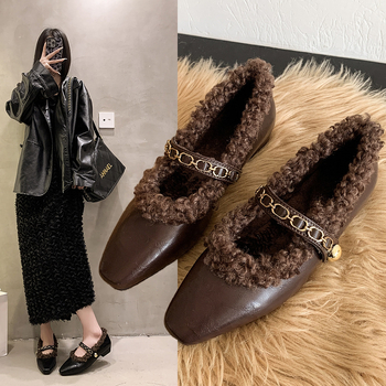 Négyzet alakú fekete Mary Jane kis bőrcipő, divatos, kényelmes női cipők, 2024, új, őszi és téli, polár bélésű Mao Mao cipők, nagykereskedelem