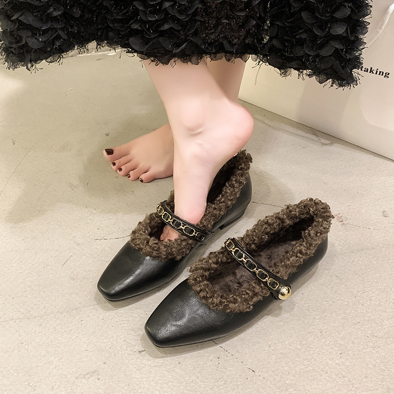 Négyzet alakú fekete Mary Jane kis bőrcipő, divatos, kényelmes női cipők, 2024, új, őszi és téli, polár bélésű Mao Mao cipők, nagykereskedelem