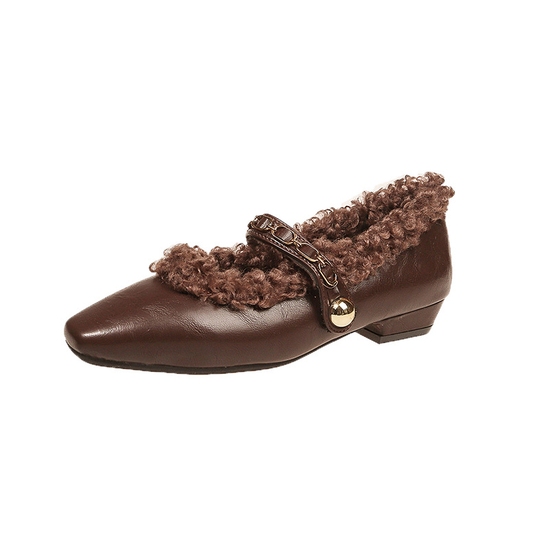 Négyzet alakú fekete Mary Jane kis bőrcipő, divatos, kényelmes női cipők, 2024, új, őszi és téli, polár bélésű Mao Mao cipők, nagykereskedelem