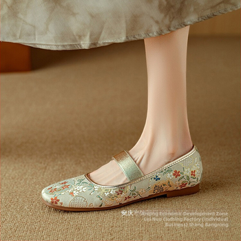 Καλοκαιρινά τετράγωνα παπούτσια Mary Jane για γυναίκες, γυναικεία φλατ παπούτσια σε εθνικό στυλ, με απαλό κάτω μέρος και κεντημένο ρηχό στόμα, άνοιξη και φθινόπωρο, νέο κινέζικο στυλ