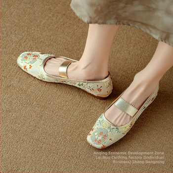 Καλοκαιρινά τετράγωνα παπούτσια Mary Jane για γυναίκες, γυναικεία φλατ παπούτσια σε εθνικό στυλ, με απαλό κάτω μέρος και κεντημένο ρηχό στόμα, άνοιξη και φθινόπωρο, νέο κινέζικο στυλ