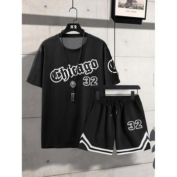 2025-ös európai és amerikai határokon átnyúló öltöny férfi rövid ujjú rövidnadrág 3D digitális nyomtatású chicagói mintás férfi divatos