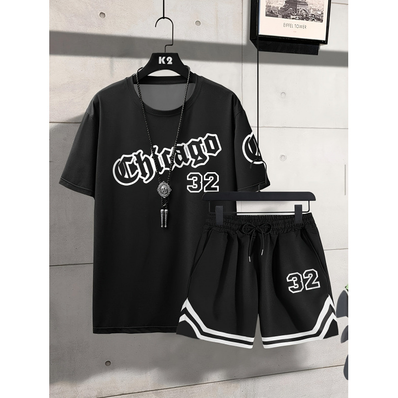 2025-ös európai és amerikai határokon átnyúló öltöny férfi rövid ujjú rövidnadrág 3D digitális nyomtatású chicagói mintás férfi divatos