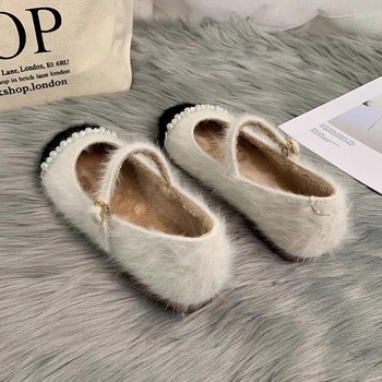 Παπούτσια Mary Jane με επένδυση fleece σε γαλλικό στιλ, ζεστά, φλατ βαμβακερά παπούτσια για φθινόπωρο και χειμώνα, παπούτσια Pearl Fairy Maomao Peas