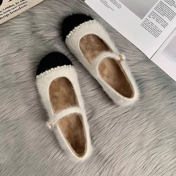 Παπούτσια Mary Jane με επένδυση fleece σε γαλλικό στιλ, ζεστά, φλατ βαμβακερά παπούτσια για φθινόπωρο και χειμώνα, παπούτσια Pearl Fairy Maomao Peas