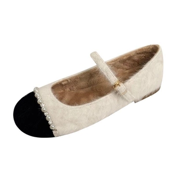 Παπούτσια Mary Jane με επένδυση fleece σε γαλλικό στιλ, ζεστά, φλατ βαμβακερά παπούτσια για φθινόπωρο και χειμώνα, παπούτσια Pearl Fairy Maomao Peas