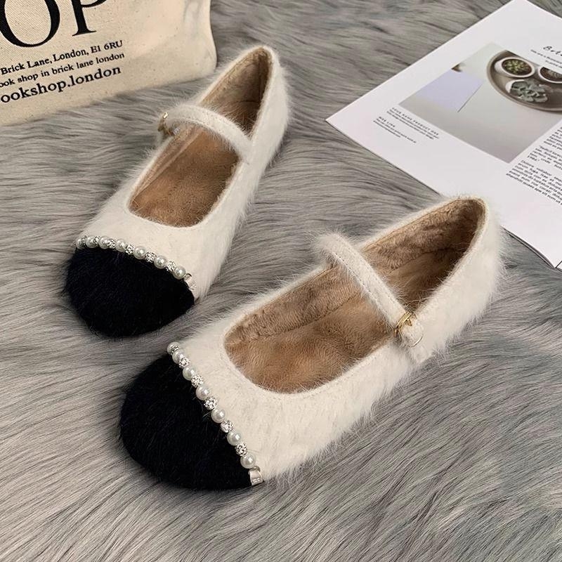 Francia stílusú, gyapjúval bélelt Mary Jane cipők, őszi-téli lapos, meleg pamutcipők, gyöngyös tündér mintás maomao borsómintás cipők