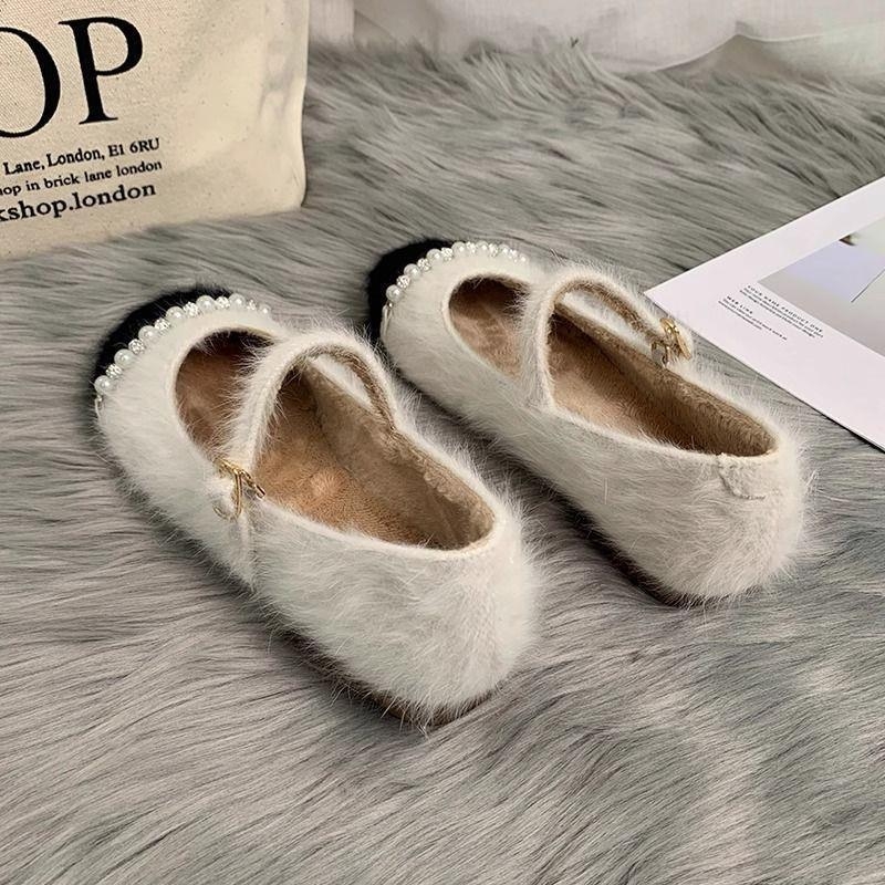 Francia stílusú, gyapjúval bélelt Mary Jane cipők, őszi-téli lapos, meleg pamutcipők, gyöngyös tündér mintás maomao borsómintás cipők