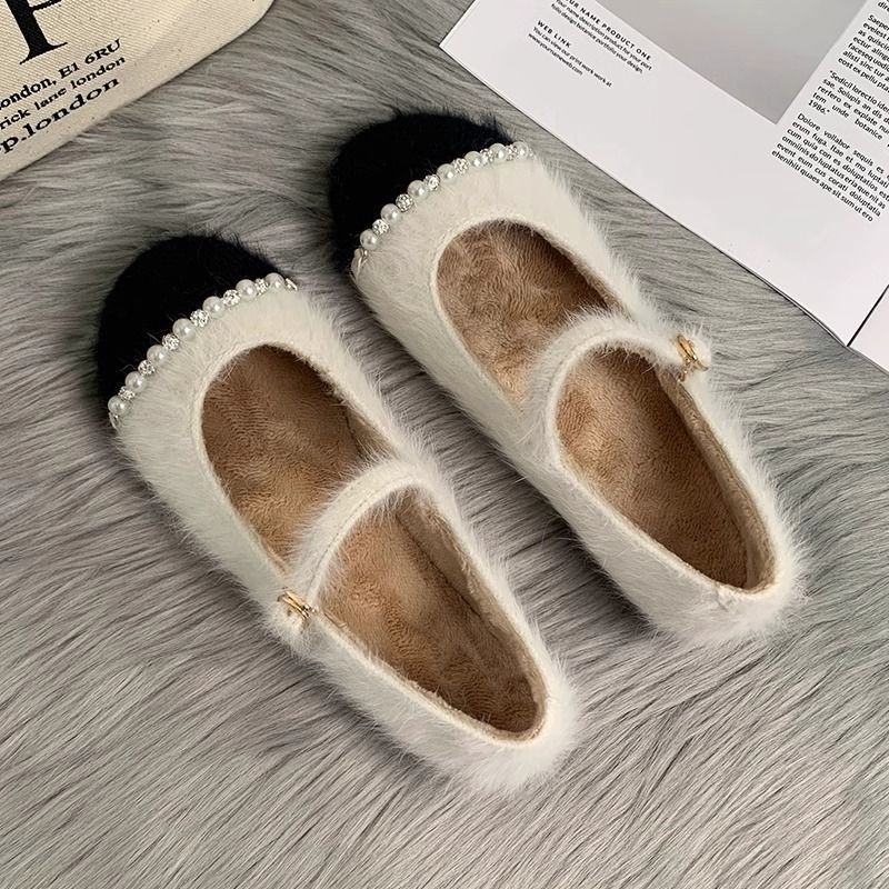 Francia stílusú, gyapjúval bélelt Mary Jane cipők, őszi-téli lapos, meleg pamutcipők, gyöngyös tündér mintás maomao borsómintás cipők