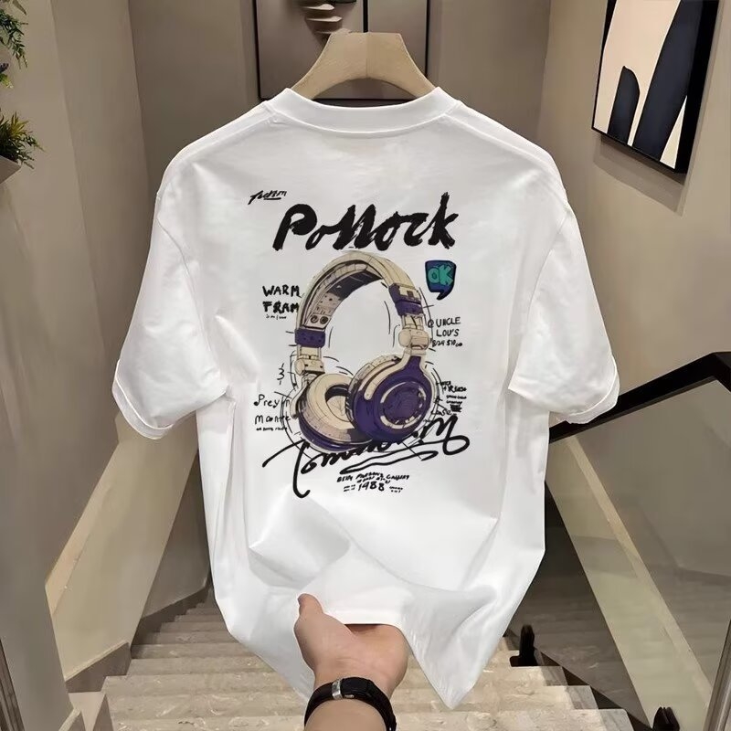 2025 Új, nehéz, divatos, márkás, tiszta pamut mintás férfi rövid ujjú póló, nyári robbanások, divatos, lezser, kereknyakú póló