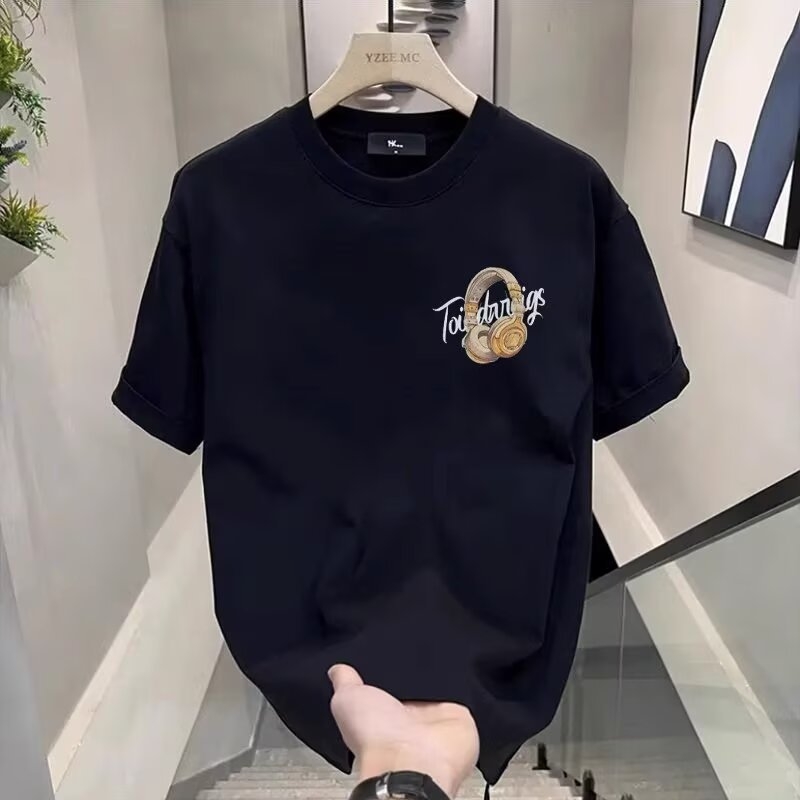 2025 Új, nehéz, divatos, márkás, tiszta pamut mintás férfi rövid ujjú póló, nyári robbanások, divatos, lezser, kereknyakú póló