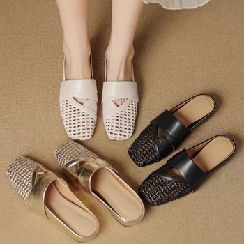 2025 Új Stílusú Szőtt, Üreges, Lenyűgöző, Zárt Orrú Női Szandálok, Divatos és Kényelmes, Sokoldalúan Válogadható Ruhákkal, Középsarkú Mary Jane Cipők