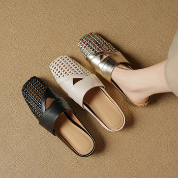 Francia stílusú, könnyű, luxus szőtt, üreges félpapucs nőknek 2025 új, nyári, valódi bőr, szögletes orrú, lélegző klumpa belső magasságnövelővel