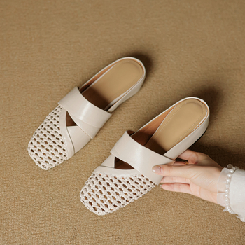 Παντόφλες Γαλλικού Στυλ, Πολυτελείας, Κοίλες, Μισές Παντόφλες για Γυναίκες, 2025, Νέες Καλοκαιρινές, Γνήσιες Δερμάτινες, Αναπνεύσιμες, Τετράγωνες Δακτύλων, με Εσωτερική Αύξηση Ύψους