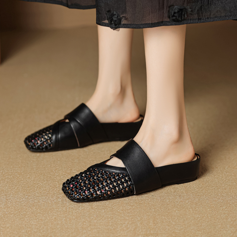 Francia stílusú, könnyű, luxus szőtt, üreges félpapucs nőknek 2025 új, nyári, valódi bőr, szögletes orrú, lélegző klumpa belső magasságnövelővel