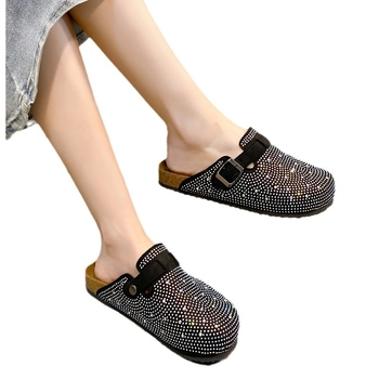 Zárt orrú női papucsok 2024 nyár Új Mary Jane strasszos európai és amerikai 44-es méretű kerek orrú csatos parafa papucsok nagykereskedelemben