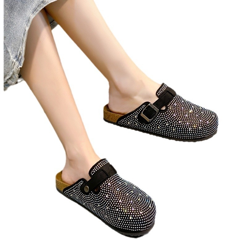 Zárt orrú női papucsok 2024 nyár Új Mary Jane strasszos európai és amerikai 44-es méretű kerek orrú csatos parafa papucsok nagykereskedelemben