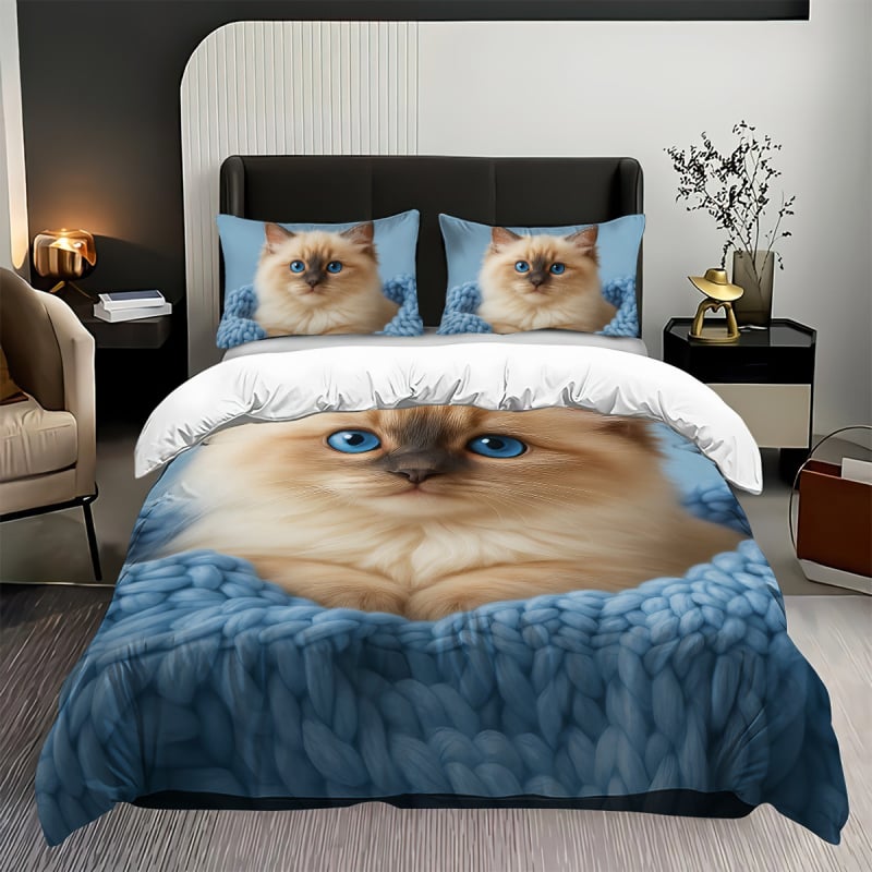 Temu Home Textiles Комплект спално бельо от три части с дигитален щампован мотив на котка, полиестерна калъфка за възглавница, калъфка за завивка, комплект от 3 части, персонализиран със снимки