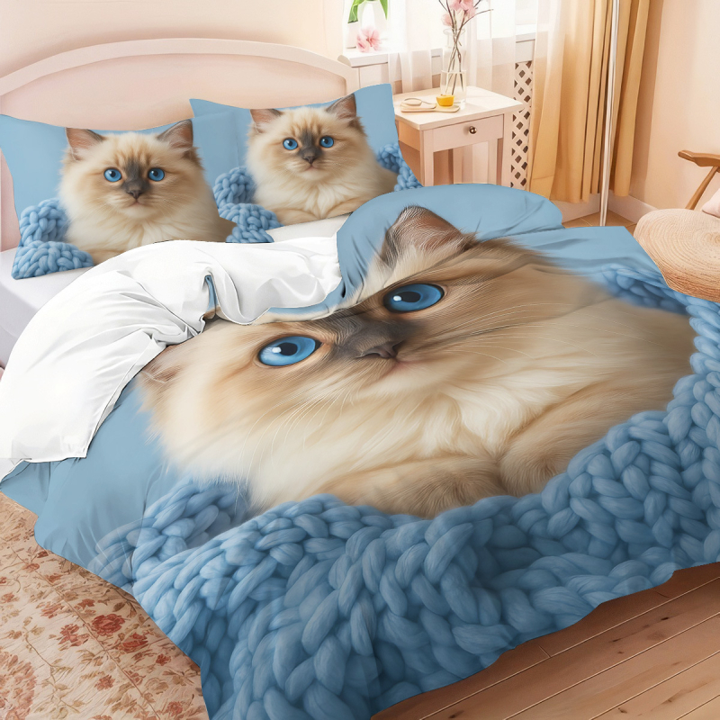 „Temu Home Textiles“ trijų dalių skaitmeniniu būdu spausdintas patalynės komplektas su katės paveikslėliais, poliesterio pagalvės užvalkalas, 3 dalių antklodės užvalkalas