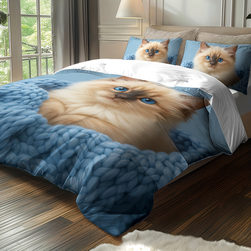 „Temu Home Textiles“ trijų dalių skaitmeniniu būdu spausdintas patalynės komplektas su katės paveikslėliais, poliesterio pagalvės užvalkalas, 3 dalių antklodės užvalkalas