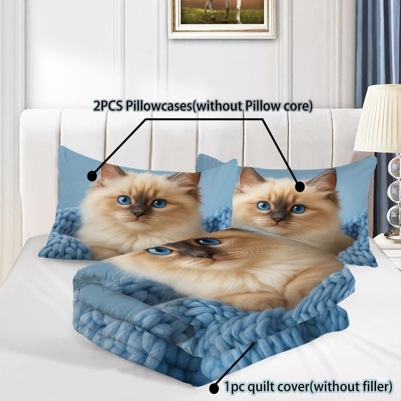 „Temu Home Textiles“ trijų dalių skaitmeniniu būdu spausdintas patalynės komplektas su katės paveikslėliais, poliesterio pagalvės užvalkalas, 3 dalių antklodės užvalkalas