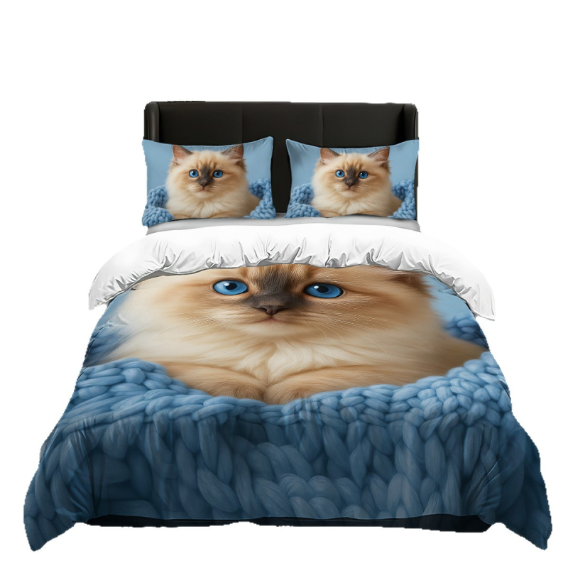 „Temu Home Textiles“ trijų dalių skaitmeniniu būdu spausdintas patalynės komplektas su katės paveikslėliais, poliesterio pagalvės užvalkalas, 3 dalių antklodės užvalkalas