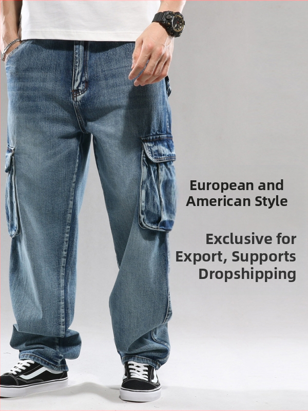 1808 Hip-Hop Többszárnyú Zsebes Nadrág Munkaruházat Európai és Amerikai Farmer Férfi Széles Szájú Laza Plus Méretű Kereszttükrös Export Amazon