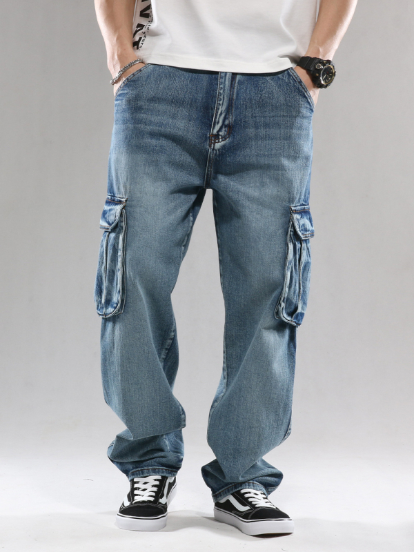 1808 Hip-Hop Többszárnyú Zsebes Nadrág Munkaruházat Európai és Amerikai Farmer Férfi Széles Szájú Laza Plus Méretű Kereszttükrös Export Amazon