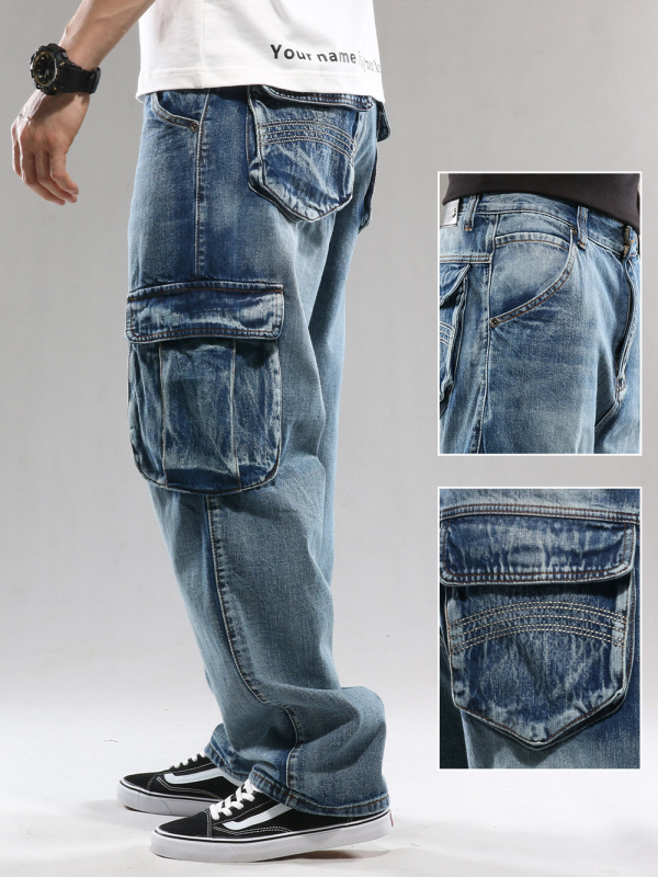 1808 Hip-Hop Többszárnyú Zsebes Nadrág Munkaruházat Európai és Amerikai Farmer Férfi Széles Szájú Laza Plus Méretű Kereszttükrös Export Amazon