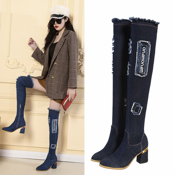 Pikad teksasaapad naistele 2025. aasta kevadised küljelukuga naistesaapad, seksikad salendavad paksu kontsaga, keskmise kontsaga, üle põlve ulatuvad saapad naistele.