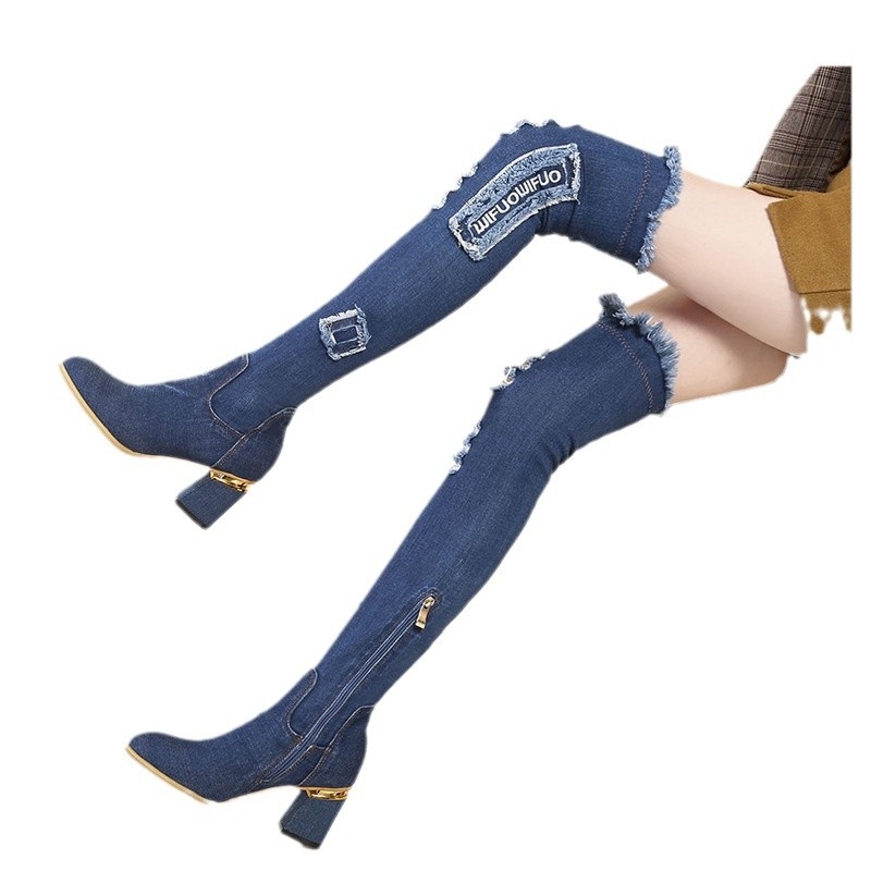 Pikad teksasaapad naistele 2025. aasta kevadised küljelukuga naistesaapad, seksikad salendavad paksu kontsaga, keskmise kontsaga, üle põlve ulatuvad saapad naistele.