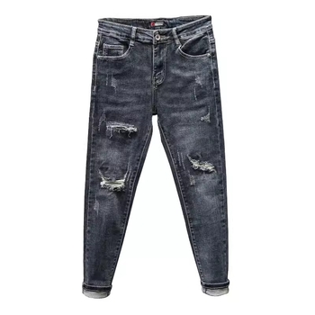 Vékony, szakadt farmer, férfi 2024-es új nyári, erősen mosott, karcsúsított, kis lábfejű, lezser, divatos nadrág