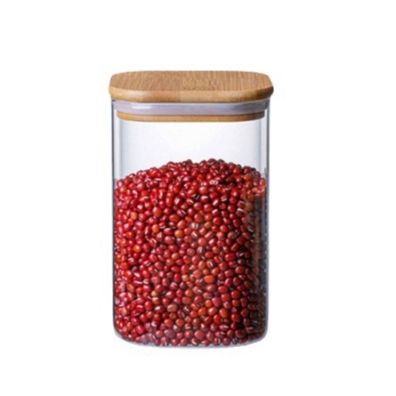 Kõrge borosilikaatklaasist säilituspurk köögipudeli teehelveste kommid bambusest puidust kaanega suletud purk ruudukujuline säilituspurk