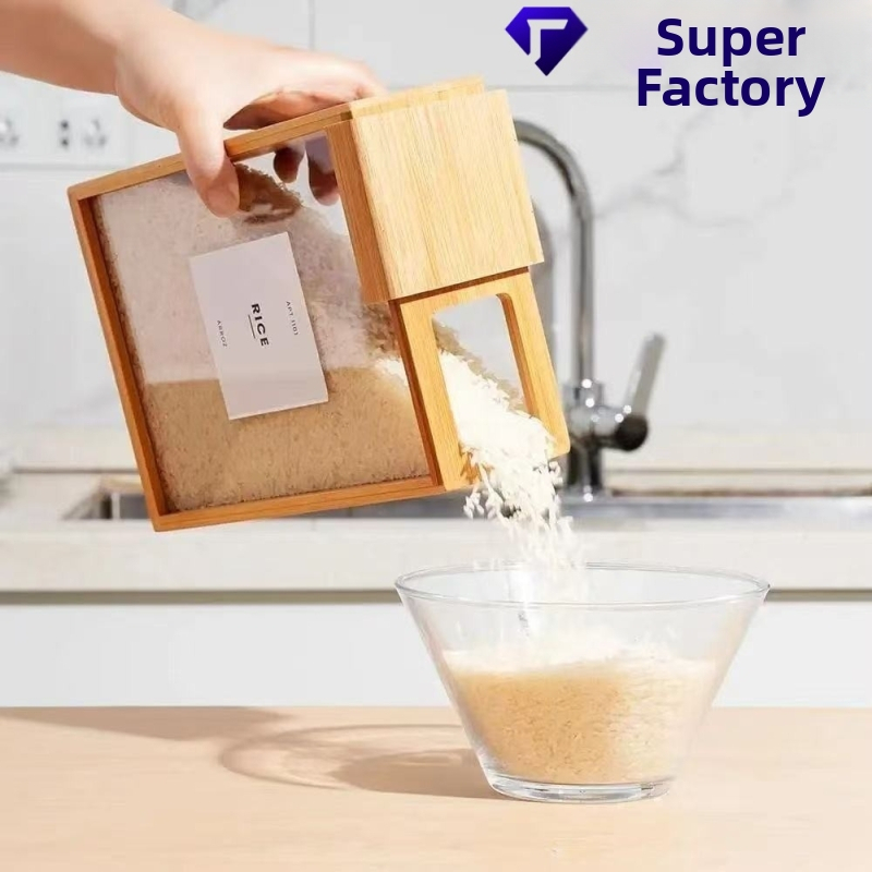 Piiriülene uue toote majapidamises kasutatav bambusest ja puidust libistatav teravilja hoiukast puidust toidu hoiukast puidust toidudosaator