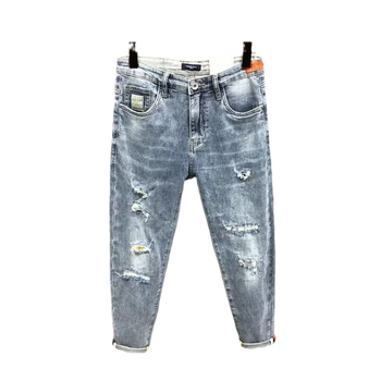 Sötét farmer férfi szakadt foltos 2023 tavaszi új koldusnadrág koreai stílusú karcsúsított, rugalmas nadrág férfiaknak