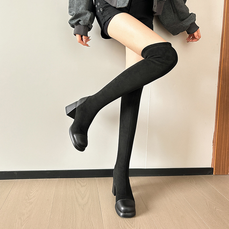 Új Stílusú Valódi Bőr Vastag Sarkú, Vízálló Platform, Bárányín, Bársony, Térdig Érő Csizma, Négy Oldali Elasztikus, Nem Eső Karcsú Női Csizma