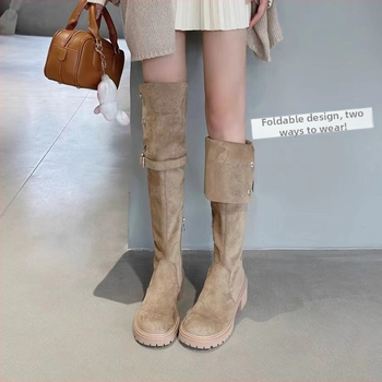 Retro barna kétirányú western csizma 2023 ősz és tél Új Magassarkú csizma vastag sarkú térdig érő csizma övcsatos lovagcsizma