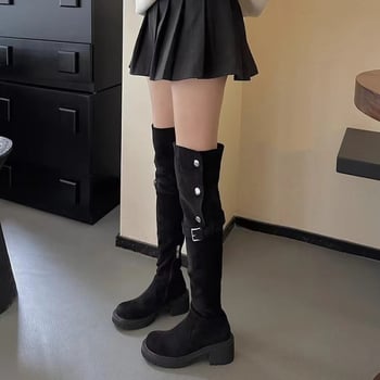 Retro barna kétirányú western csizma 2023 ősz és tél Új Magassarkú csizma vastag sarkú térdig érő csizma övcsatos lovagcsizma