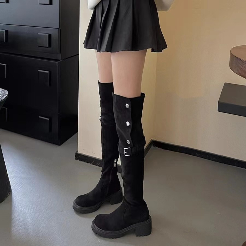 Retro barna kétirányú western csizma 2023 ősz és tél Új Magassarkú csizma vastag sarkú térdig érő csizma övcsatos lovagcsizma