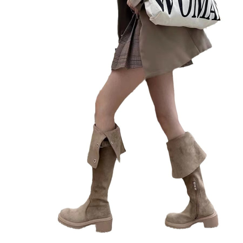 Retro barna kétirányú western csizma 2023 ősz és tél Új Magassarkú csizma vastag sarkú térdig érő csizma övcsatos lovagcsizma