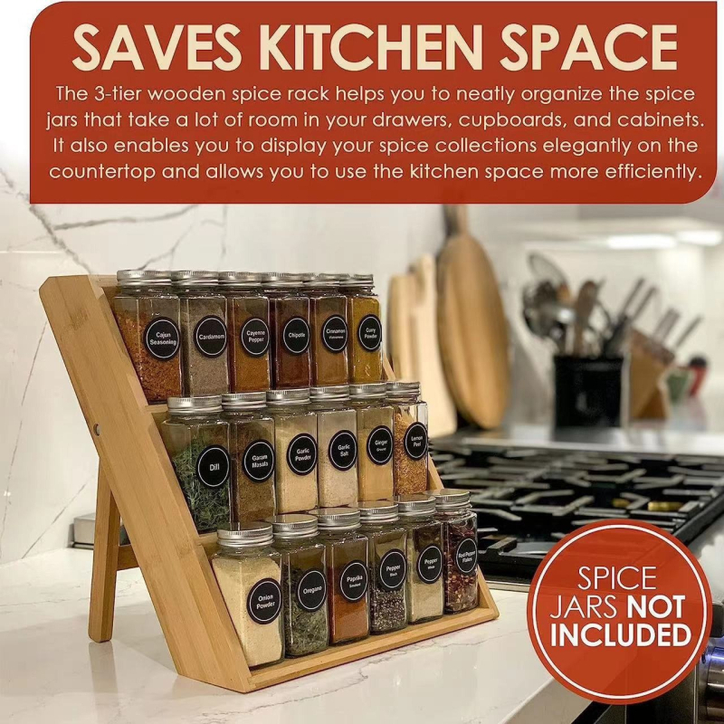 Bambusz lépcsős fűszertároló állvány, konyhapult, többrétegű fűszertároló állvány, tömörfa palack- és üvegkiállító állvány