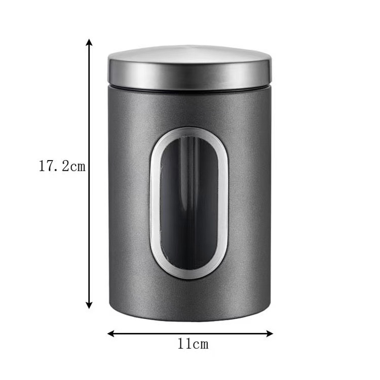 Küljeaknaga roostevabast terasest säilituspurk, kohviubade ja teraviljapurk, suhkrukuubikute ja suupistete säilituspurk, teepähklite ja suletud purk