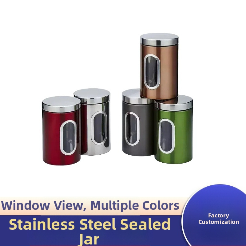 Küljeaknaga roostevabast terasest säilituspurk, kohviubade ja teraviljapurk, suhkrukuubikute ja suupistete säilituspurk, teepähklite ja suletud purk