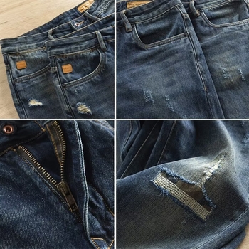 Japán stílusú retró, utcai divatos, márkás, foltos, szakadt farmer, férfi tavaszi és őszi divatos, mosott, régi, egyenes, laza nadrág