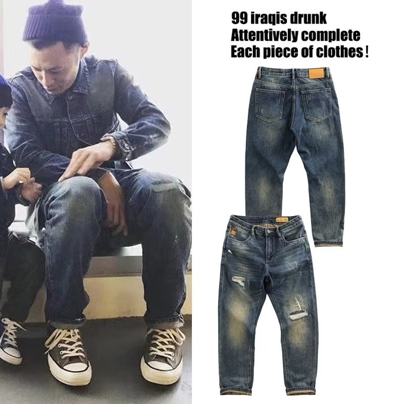 Japán stílusú retró, utcai divatos, márkás, foltos, szakadt farmer, férfi tavaszi és őszi divatos, mosott, régi, egyenes, laza nadrág