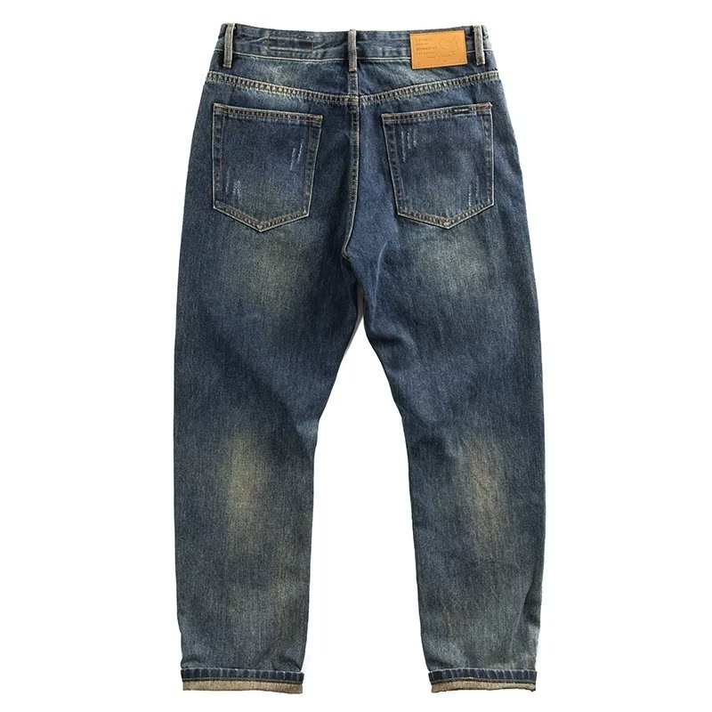 Japán stílusú retró, utcai divatos, márkás, foltos, szakadt farmer, férfi tavaszi és őszi divatos, mosott, régi, egyenes, laza nadrág