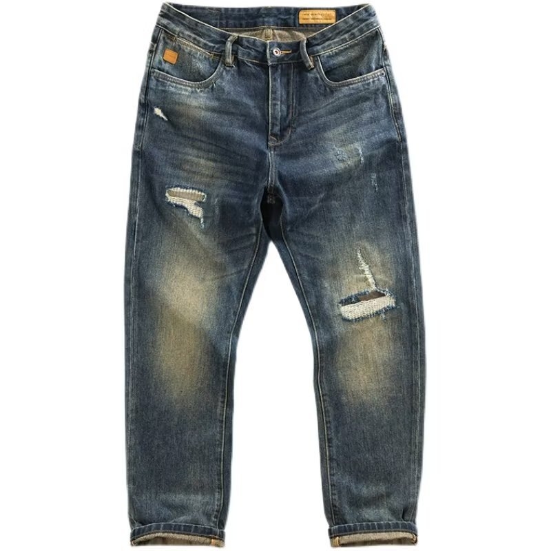 Japán stílusú retró, utcai divatos, márkás, foltos, szakadt farmer, férfi tavaszi és őszi divatos, mosott, régi, egyenes, laza nadrág