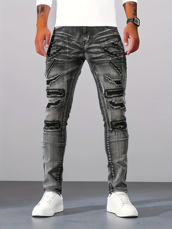 Határokon átnyúló, luxus külkereskedelmi főutcai férfi farmer, rojtos, fekete, szürke, rugalmas, vékony, kicsi, egyenes, hétköznapi férfi nadrág