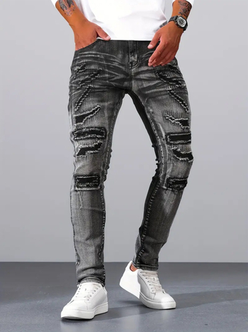 Határokon átnyúló, luxus külkereskedelmi főutcai férfi farmer, rojtos, fekete, szürke, rugalmas, vékony, kicsi, egyenes, hétköznapi férfi nadrág